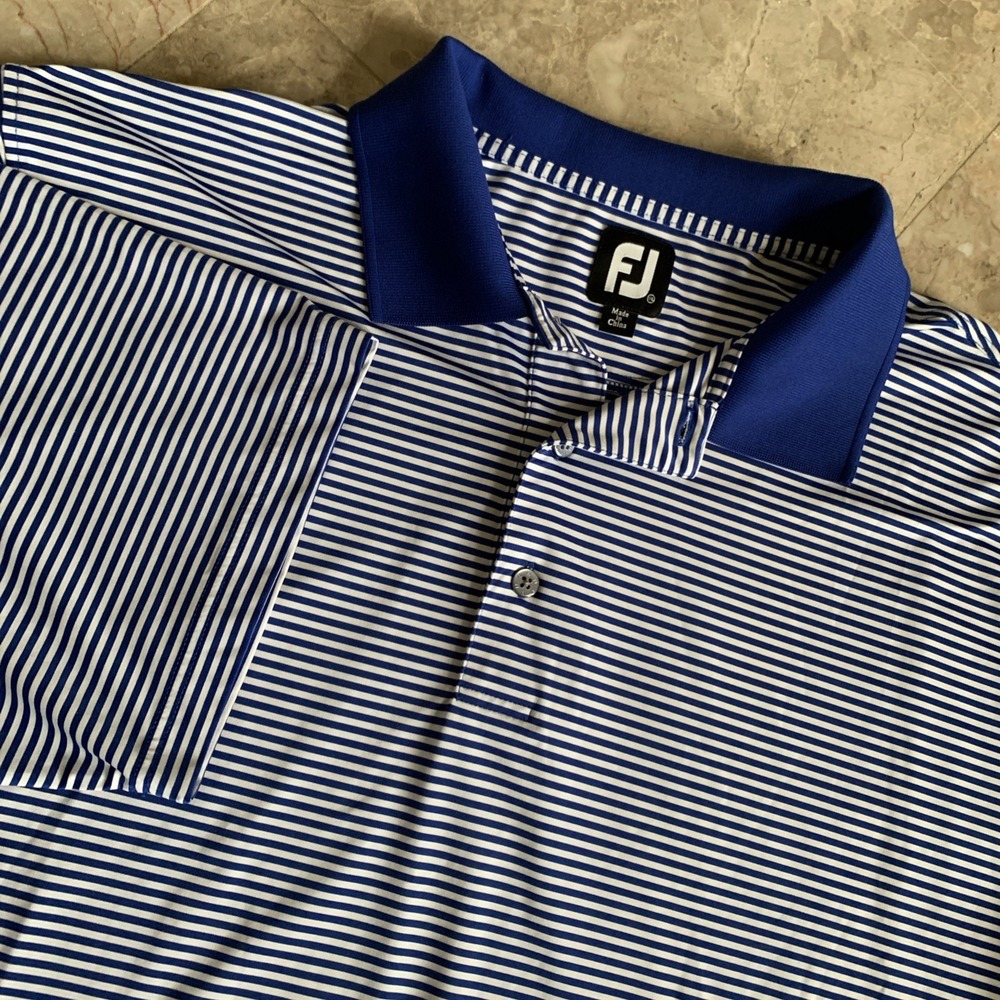 FOOTJOY Golf Shirt Mens Large Polo Blue White Stiped Short Sleeve Performance FJ